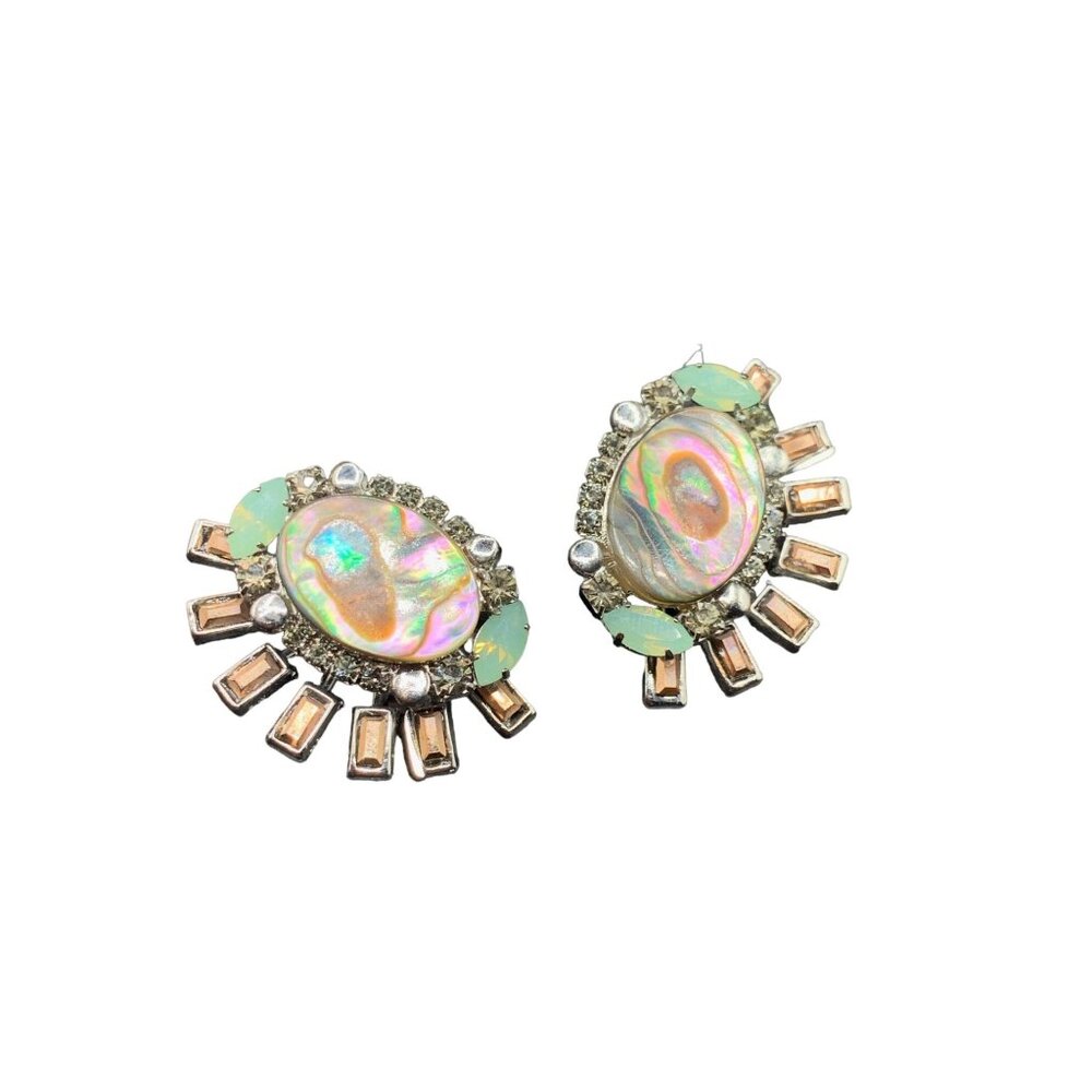 Signed Elizabeth Cole Clip Earrings Mother of Pearl Rhinestones Costume Jewelry